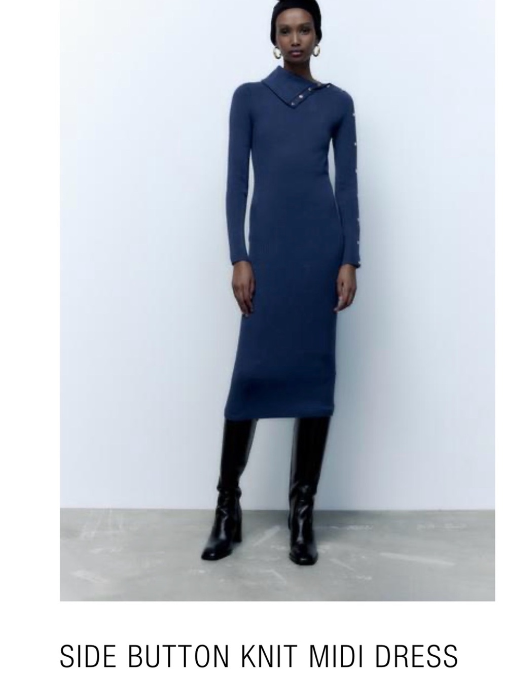 Zara Navy Button-Trim Knit Midi Dress